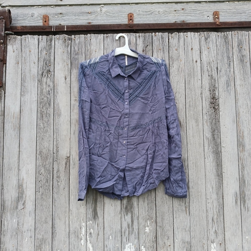 Free People Sz Small Wild Wing Blue Lace‎ Button Front Tunic Blouse Womens
